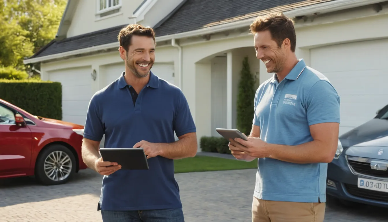 A homeowner and a garage door provider reviewing a quote beside a house in Avon Lake